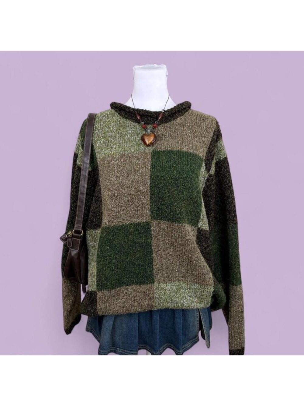 90s checkered plus size granola girl roll neck sweater